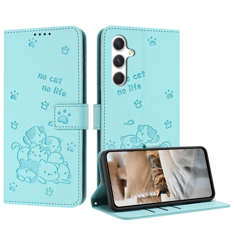 For Samsung Galaxy S25 / S24 5G Embossed Kitten Phone Leather Case with Lanyard(Mint Green) - Galaxy S24 5G Cases by PMC TechLife | Online Shopping South Africa | PMC TechLife | Buy Now Pay Later Mobicred