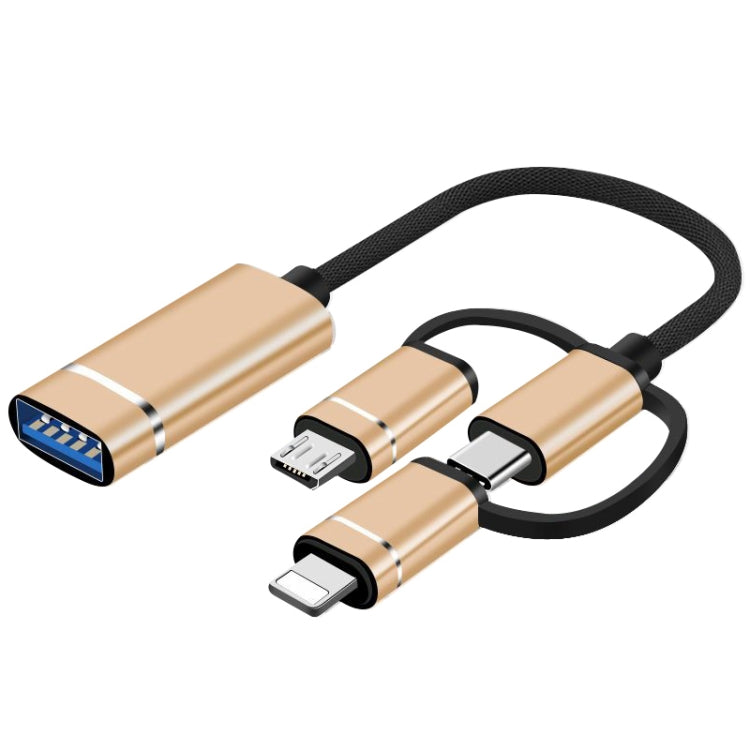 3 in 1 USB Female to Micro USB, Type-C, 8 Pin Male OTG Adapter(Gold) - OTG Adapter by PMC Jewellery | Online Shopping South Africa | PMC Jewellery | Buy Now Pay Later Mobicred