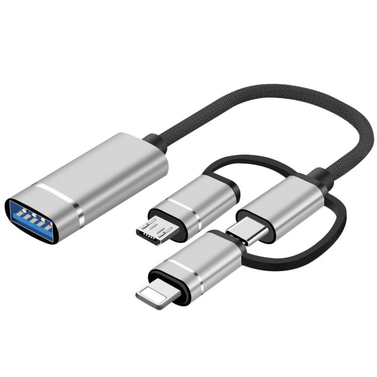 3 in 1 USB Female to Micro USB, Type-C, 8 Pin Male OTG Adapter(Silver) - OTG Adapter by PMC Jewellery | Online Shopping South Africa | PMC Jewellery | Buy Now Pay Later Mobicred