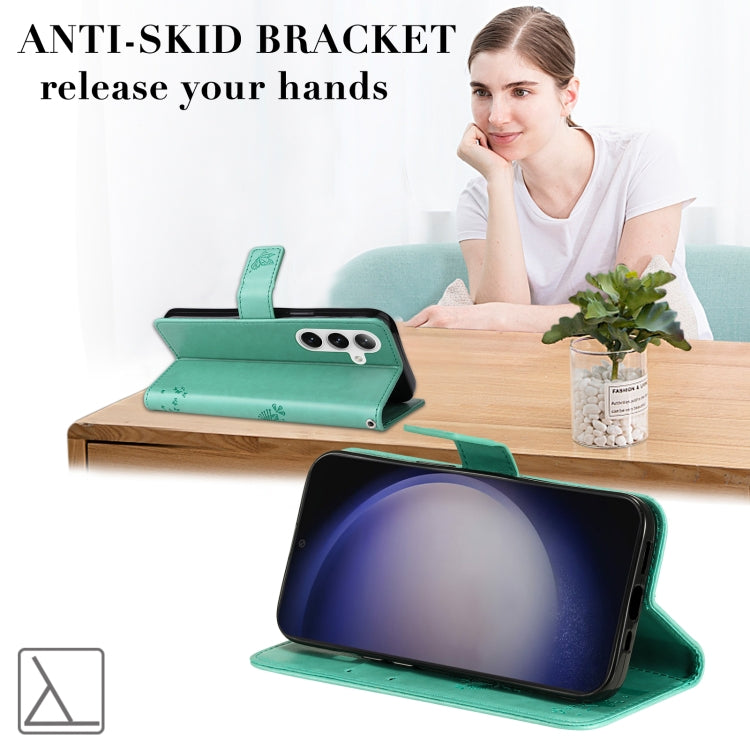 For Samsung Galaxy S25 / S24 5G Tree & Cat Embossed Pattern Flip Leather Phone Case(Green) - Galaxy S25 5G Cases by PMC Jewellery | Online Shopping South Africa | PMC Jewellery | Buy Now Pay Later Mobicred