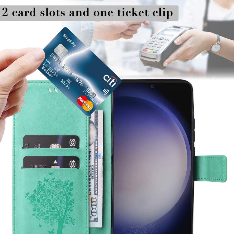 For Samsung Galaxy S25 / S24 5G Tree & Cat Embossed Pattern Flip Leather Phone Case(Green) - Galaxy S25 5G Cases by PMC Jewellery | Online Shopping South Africa | PMC Jewellery | Buy Now Pay Later Mobicred