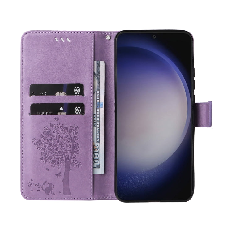 For Samsung Galaxy S25 / S24 5G Tree & Cat Embossed Pattern Flip Leather Phone Case(Light Purple) - Galaxy S25 5G Cases by PMC TechLife | Online Shopping South Africa | PMC TechLife | Buy Now Pay Later Mobicred