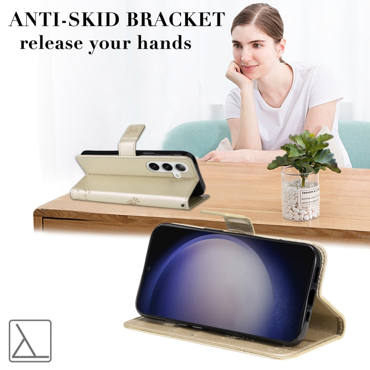 For Samsung Galaxy S25 / S24 5G Tree & Cat Embossed Pattern Flip Leather Phone Case(Gold) - Galaxy S25 5G Cases by PMC Jewellery | Online Shopping South Africa | PMC Jewellery | Buy Now Pay Later Mobicred