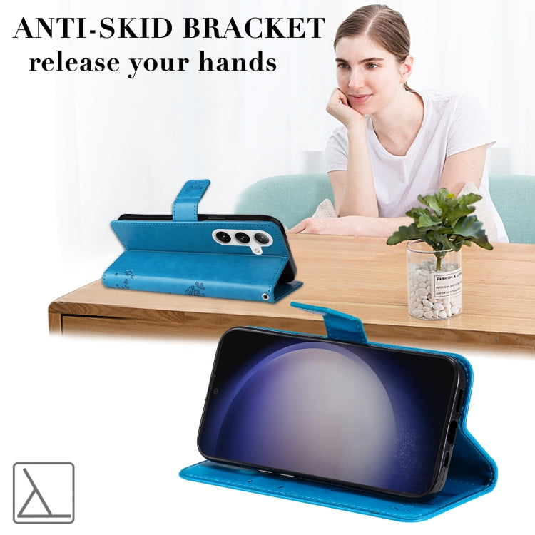 For Samsung Galaxy S25+ / S24+ 5G Tree & Cat Embossed Pattern Flip Leather Phone Case(Blue) - free shipping - PMC Jewellery - Order now!