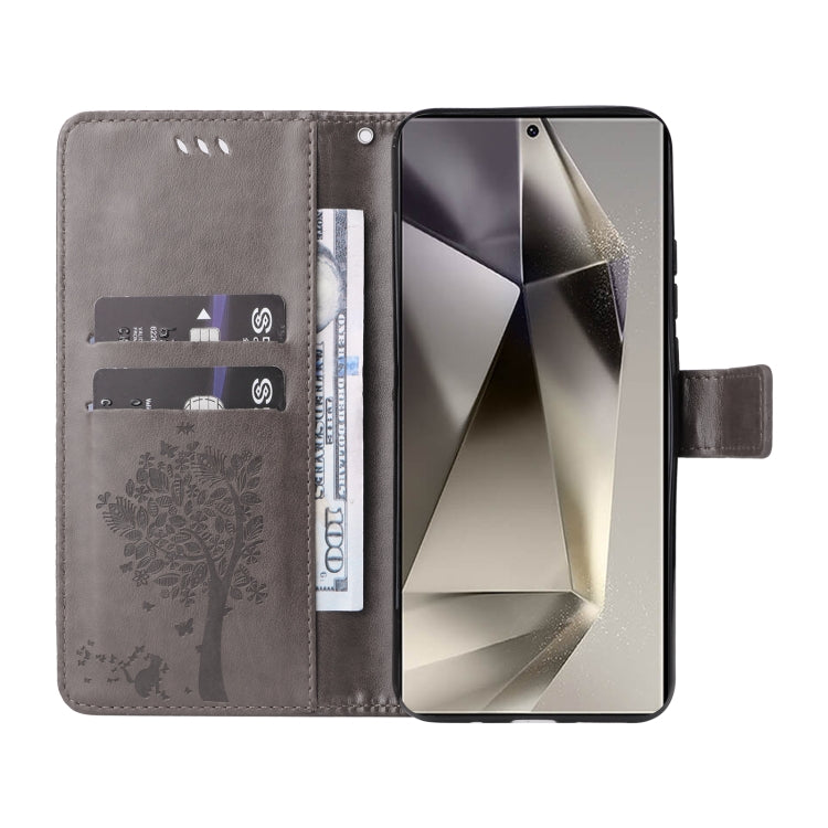 For Samsung Galaxy S25 Ultra 5G Tree & Cat Embossed Pattern Flip Leather Phone Case(Grey) - Galaxy S25 Ultra 5G Cases by PMC Jewellery | Online Shopping South Africa | PMC Jewellery | Buy Now Pay Later Mobicred