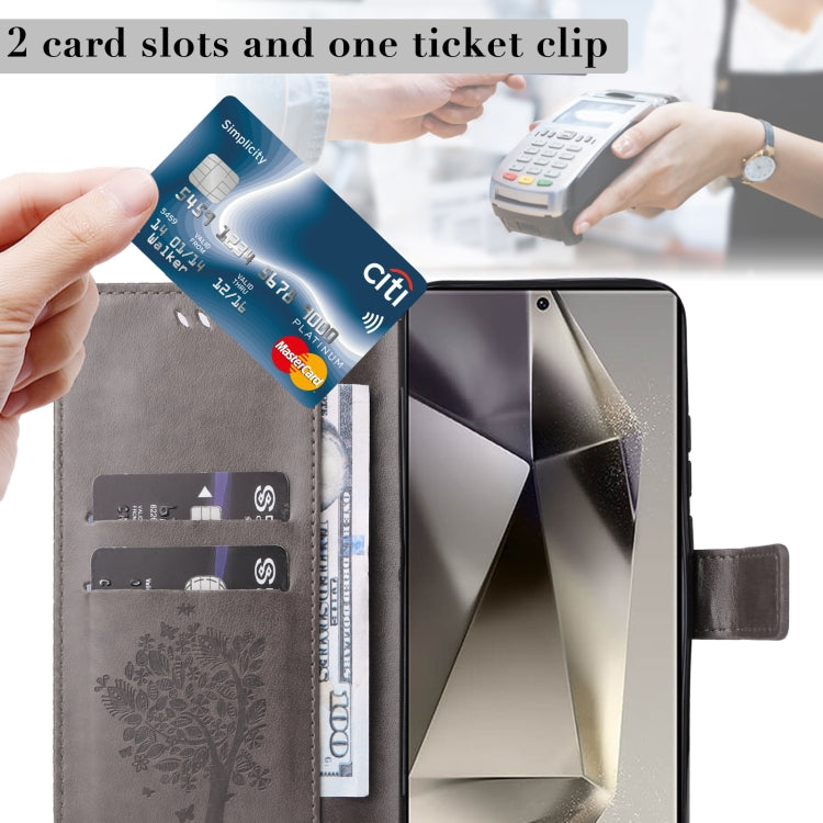 For Samsung Galaxy S25 Ultra 5G Tree & Cat Embossed Pattern Flip Leather Phone Case(Grey) - Galaxy S25 Ultra 5G Cases by PMC Jewellery | Online Shopping South Africa | PMC Jewellery | Buy Now Pay Later Mobicred