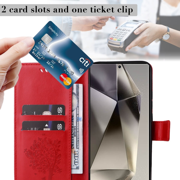 For Samsung Galaxy S25 Ultra 5G Tree & Cat Embossed Pattern Flip Leather Phone Case(Red) - Galaxy S25 Ultra 5G Cases by PMC Jewellery | Online Shopping South Africa | PMC Jewellery | Buy Now Pay Later Mobicred