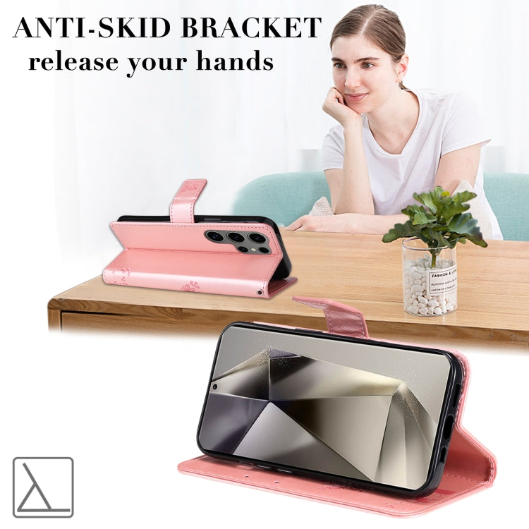 For Samsung Galaxy S25 Ultra 5G Tree & Cat Embossed Pattern Flip Leather Phone Case(Rose Gold) - Galaxy S25 Ultra 5G Cases by PMC TechLife | Online Shopping South Africa | PMC TechLife | Buy Now Pay Later Mobicred