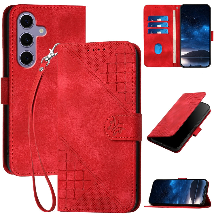 For Samsung Galaxy S25 5G YX0080 Grid Butterfly Embossed Pattern Flip Leather Phone Case with Lanyard(Red) - Galaxy S25 5G Cases by PMC TechLife | Online Shopping South Africa | PMC TechLife | Buy Now Pay Later Mobicred