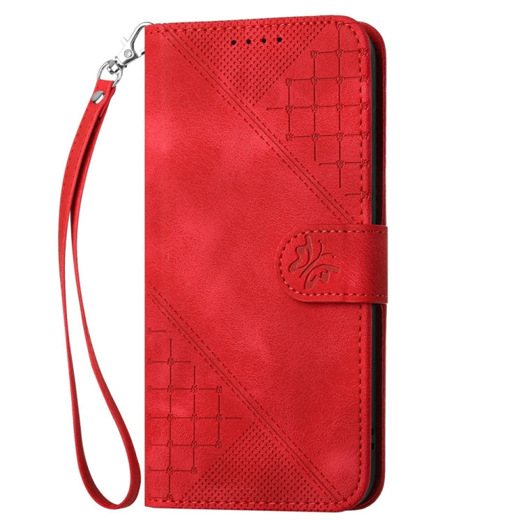 For Samsung Galaxy S25 5G YX0080 Grid Butterfly Embossed Pattern Flip Leather Phone Case with Lanyard(Red) - Galaxy S25 5G Cases by PMC TechLife | Online Shopping South Africa | PMC TechLife | Buy Now Pay Later Mobicred
