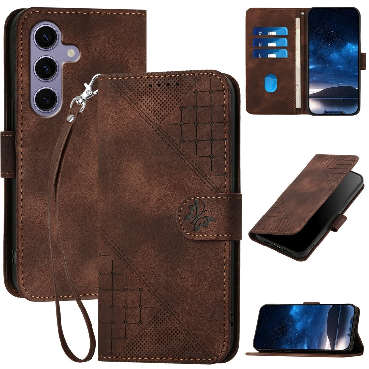 For Samsung Galaxy S25 5G YX0080 Grid Butterfly Embossed Pattern Flip Leather Phone Case with Lanyard(Coffee) - Galaxy S25 5G Cases by PMC TechLife | Online Shopping South Africa | PMC TechLife | Buy Now Pay Later Mobicred