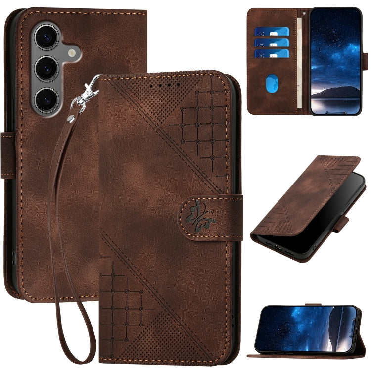 For Samsung Galaxy S25+ 5G YX0080 Grid Butterfly Embossed Pattern Flip Leather Phone Case with Lanyard(Coffee) - Galaxy S25+ 5G Cases by PMC TechLife | Online Shopping South Africa | PMC TechLife | Buy Now Pay Later Mobicred