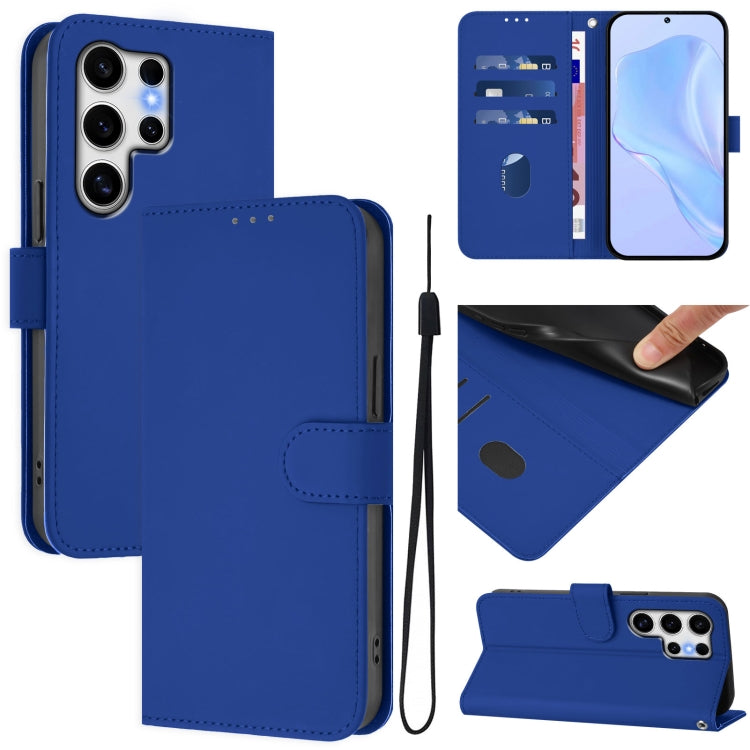 For Samsung Galaxy S25 Ultra 5G Skin Feel Solid Color Leather Phone Case with Lanyard(Dark Blue) - Galaxy S25 Ultra 5G Cases by PMC Jewellery | Online Shopping South Africa | PMC Jewellery | Buy Now Pay Later Mobicred