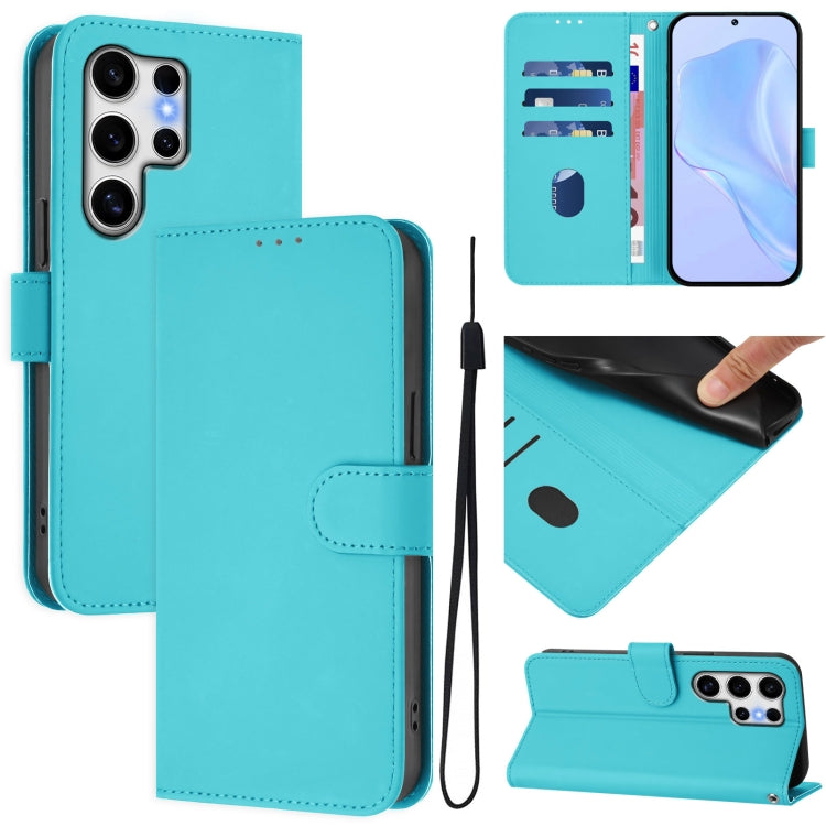 For Samsung Galaxy S25 Ultra 5G Skin Feel Solid Color Leather Phone Case with Lanyard(Lake Blue) - Galaxy S25 Ultra 5G Cases by PMC Jewellery | Online Shopping South Africa | PMC Jewellery | Buy Now Pay Later Mobicred