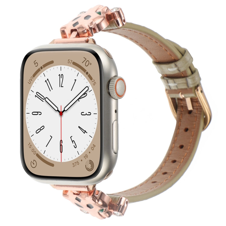 For Apple Watch 46mm / 49mm / 45mm / 44mm Leopard Head Bamboo Texture Leather Watch Band(Rose Gold Khaki) - free shipping - PMC TechLife - Order now!