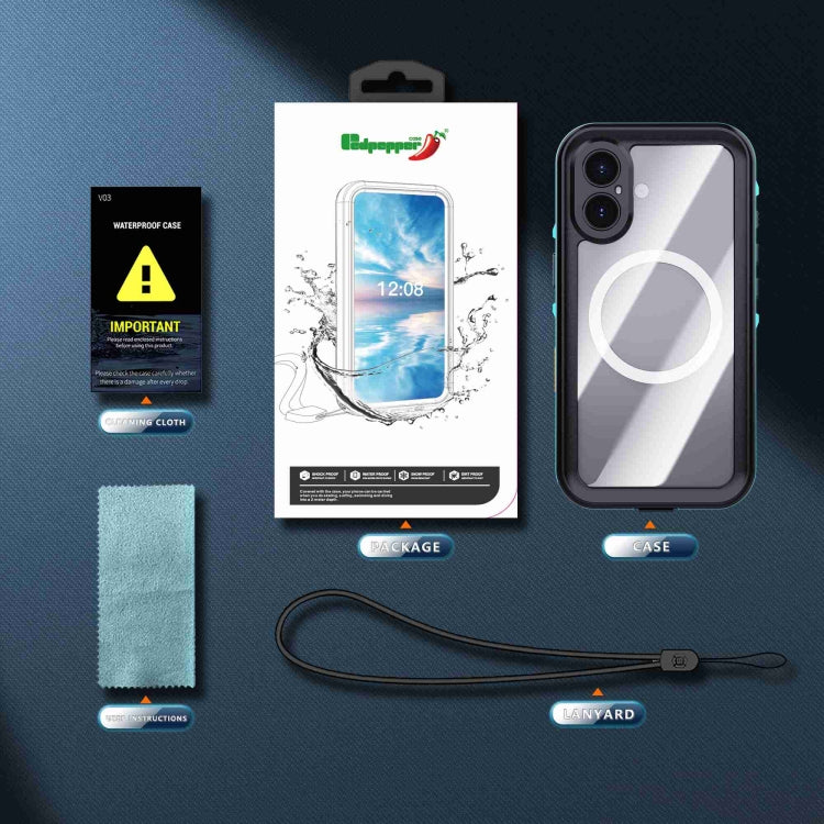 For iPhone 16 RedPepper Transparent Dot IP68 Waterproof Triple-proof MagSafe Phone Case(Black Blue) - free shipping - PMC Jewellery - Order now!