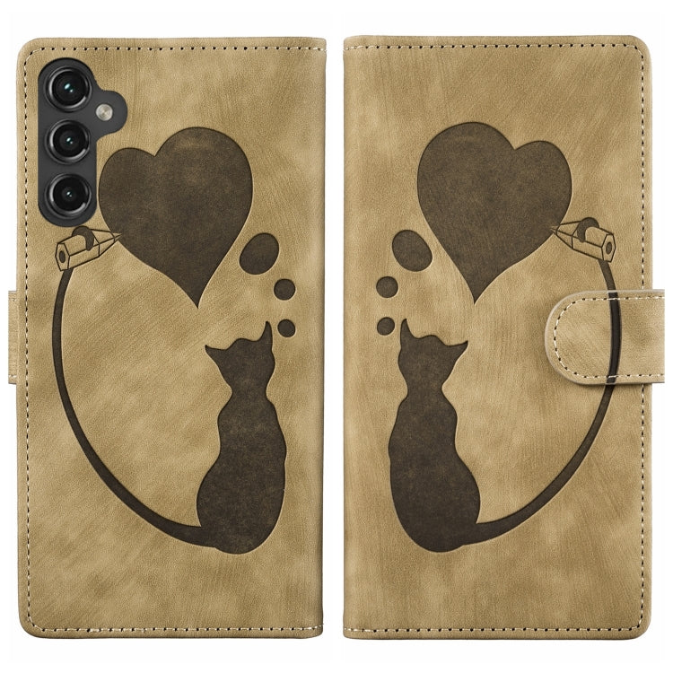 For Samsung Galaxy S25 5G Pen Heart Cat Embossed Leather Phone Case(Apricot) - Galaxy S25 5G Cases by PMC TechLife | Online Shopping South Africa | PMC TechLife | Buy Now Pay Later Mobicred