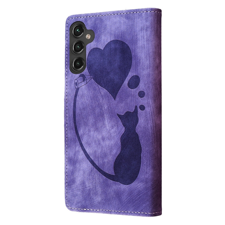 For Samsung Galaxy S25+ 5G Pen Heart Cat Embossed Leather Phone Case(Purple) - Galaxy S25+ 5G Cases by PMC TechLife | Online Shopping South Africa | PMC TechLife | Buy Now Pay Later Mobicred