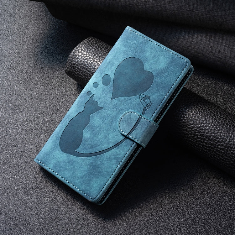 For Samsung Galaxy S25 Ultra 5G Pen Heart Cat Embossed Leather Phone Case(Blue) - Galaxy S25 Ultra 5G Cases by PMC TechLife | Online Shopping South Africa | PMC TechLife | Buy Now Pay Later Mobicred