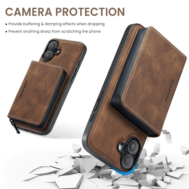 For iPhone 16 Plus JEEHOOD J02 Magnetic Zipper Horizontal Flip Leather Phone Case(Brown) - free shipping - PMC Jewellery - Order now!
