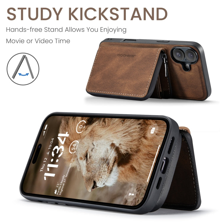 For iPhone 16 Plus JEEHOOD J02 Magnetic Zipper Horizontal Flip Leather Phone Case(Brown) - free shipping - PMC Jewellery - Order now!