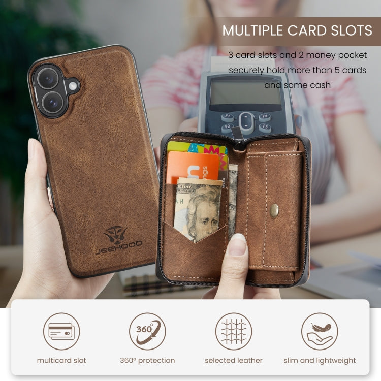 For iPhone 16 Plus JEEHOOD J02 Magnetic Zipper Horizontal Flip Leather Phone Case(Brown) - free shipping - PMC Jewellery - Order now!