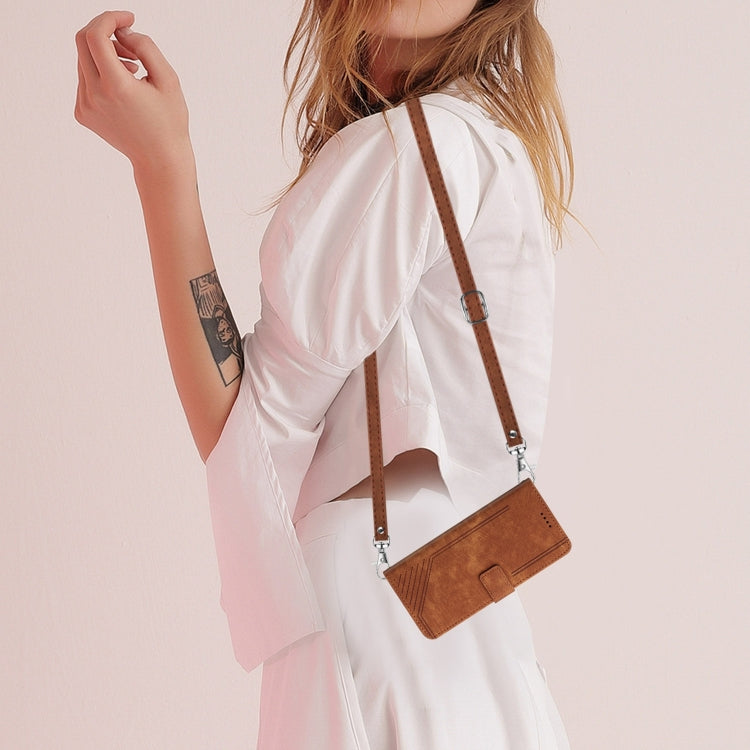 For Samsung Galaxy S25 Ultra 5G Skin Feel Stripe Pattern Leather Phone Case with Long Lanyard(Brown) - Galaxy S25 Ultra 5G Cases by PMC Jewellery | Online Shopping South Africa | PMC Jewellery | Buy Now Pay Later Mobicred