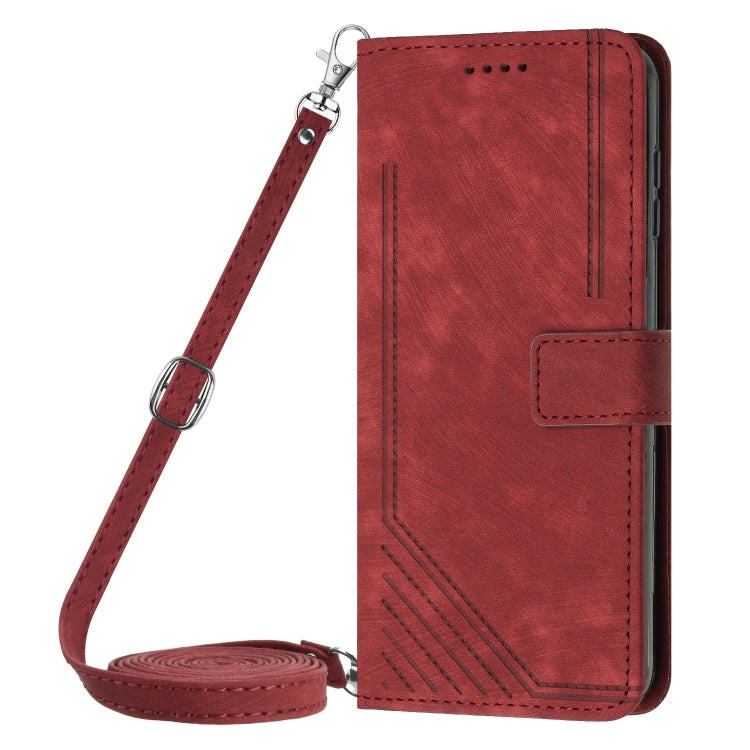 For Samsung Galaxy S25 / S24 5G Skin Feel Stripe Pattern Leather Phone Case with Long Lanyard(Red) - Galaxy S25 5G Cases by PMC Jewellery | Online Shopping South Africa | PMC Jewellery | Buy Now Pay Later Mobicred