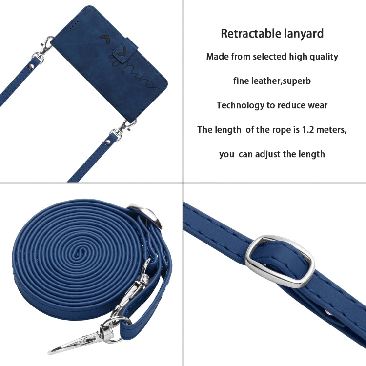 For Samsung Galaxy S25 Ultra 5G Skin Feel Heart Embossed Leather Phone Case with Long Lanyard(Blue) - Galaxy S25 Ultra 5G Cases by PMC TechLife | Online Shopping South Africa | PMC TechLife | Buy Now Pay Later Mobicred