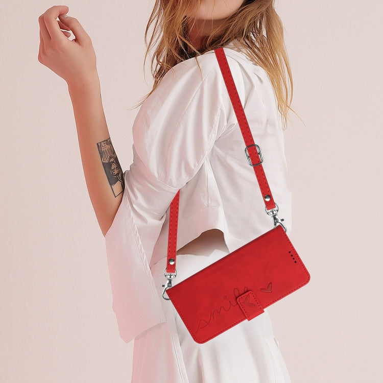 For Samsung Galaxy S25 / S24 5G Skin Feel Heart Embossed Leather Phone Case with Long Lanyard(Red) - Galaxy S25 5G Cases by PMC TechLife | Online Shopping South Africa | PMC TechLife | Buy Now Pay Later Mobicred