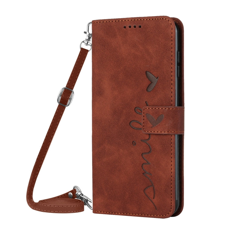 For Samsung Galaxy S25 / S24 5G Skin Feel Heart Embossed Leather Phone Case with Long Lanyard(Brown) - Galaxy S25 5G Cases by PMC TechLife | Online Shopping South Africa | PMC TechLife | Buy Now Pay Later Mobicred