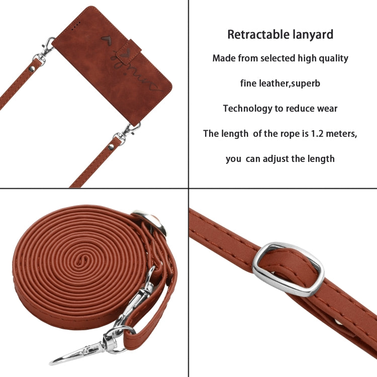 For Samsung Galaxy S25 / S24 5G Skin Feel Heart Embossed Leather Phone Case with Long Lanyard(Brown) - Galaxy S25 5G Cases by PMC TechLife | Online Shopping South Africa | PMC TechLife | Buy Now Pay Later Mobicred