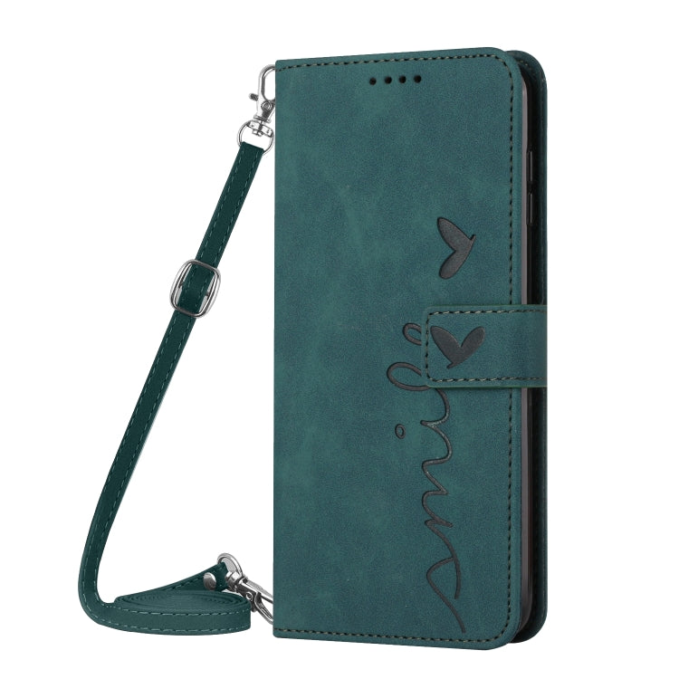 For Samsung Galaxy S25+ / S24+ 5G Skin Feel Heart Embossed Leather Phone Case with Long Lanyard(Green) - Galaxy S25+ 5G Cases by PMC TechLife | Online Shopping South Africa | PMC TechLife | Buy Now Pay Later Mobicred