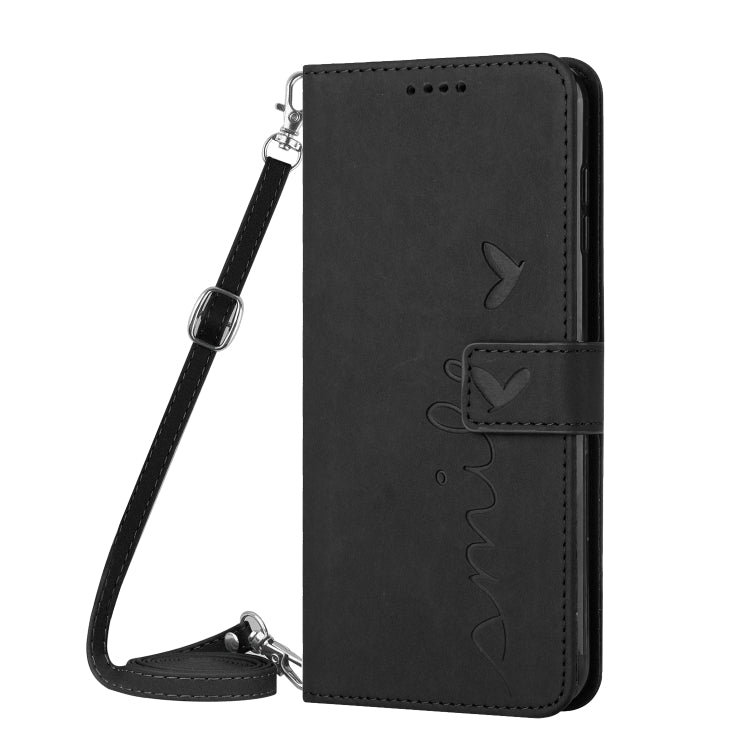 For Samsung Galaxy S25+ / S24+ 5G Skin Feel Heart Embossed Leather Phone Case with Long Lanyard(Black) - Galaxy S25+ 5G Cases by PMC TechLife | Online Shopping South Africa | PMC TechLife | Buy Now Pay Later Mobicred