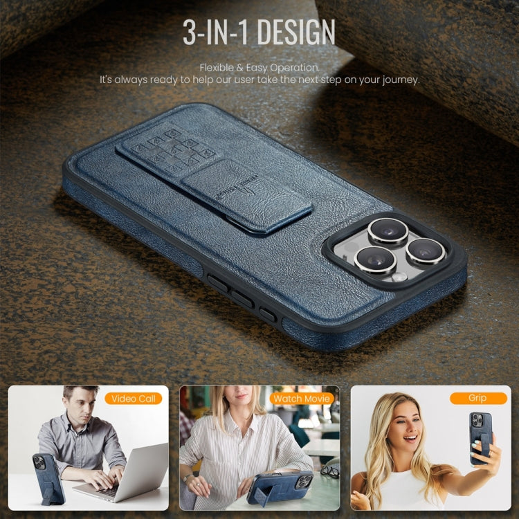 For iPhone 16 Pro Fierre Shann Oil Wax Cow Leather Holder Back Phone Case(Blue) - free shipping - PMC Jewellery - Order now!