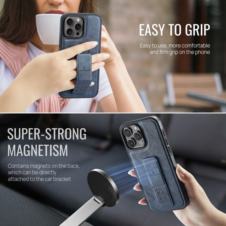 For iPhone 16 Pro Fierre Shann Oil Wax Cow Leather Holder Back Phone Case(Blue) - free shipping - PMC Jewellery - Order now!