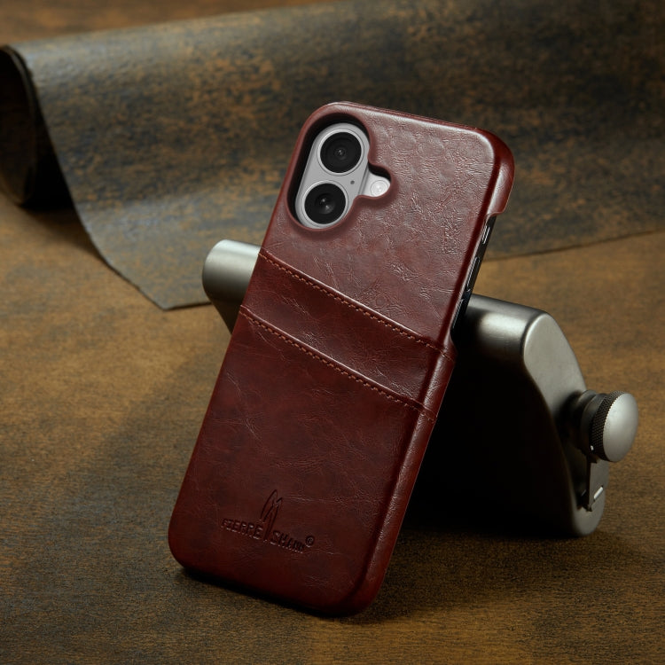 For iPhone 16 Fierre Shann Retro Oil Wax Texture Card Slots PU Leather Phone Case(Brown) - free shipping - PMC Jewellery - Order now!