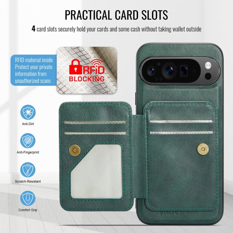 For Google Pixel 9 Pro XL Fierre Shann Cowhide Horizontal Flip Magnetic Card Holder Phone Case(Green) - Google Cases by FIERRE SHANN | Online Shopping South Africa | PMC TechLife | Buy Now Pay Later Mobicred