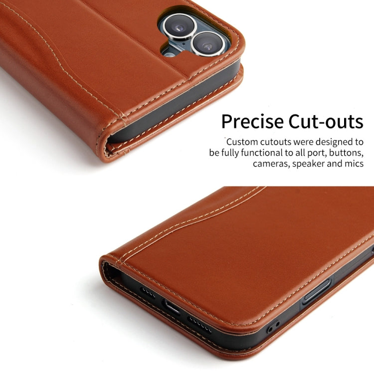 For iPhone 16 Plus Fierre Shann Cowhide Leather Flip Leather Phone Case(Brown) - free shipping - PMC Jewellery - Order now!