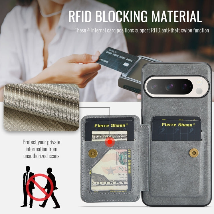 For Google Pixel 9 Pro XL Fierre Shann Oil Wax Cow Leather Card Holder Back Phone Case(Grey) - free shipping - PMC TechLife - Order now!