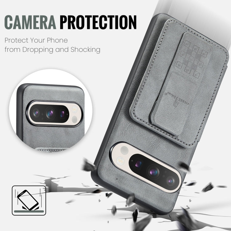 For Google Pixel 9 Pro XL Fierre Shann Oil Wax Cow Leather Card Holder Back Phone Case(Grey) - free shipping - PMC TechLife - Order now!