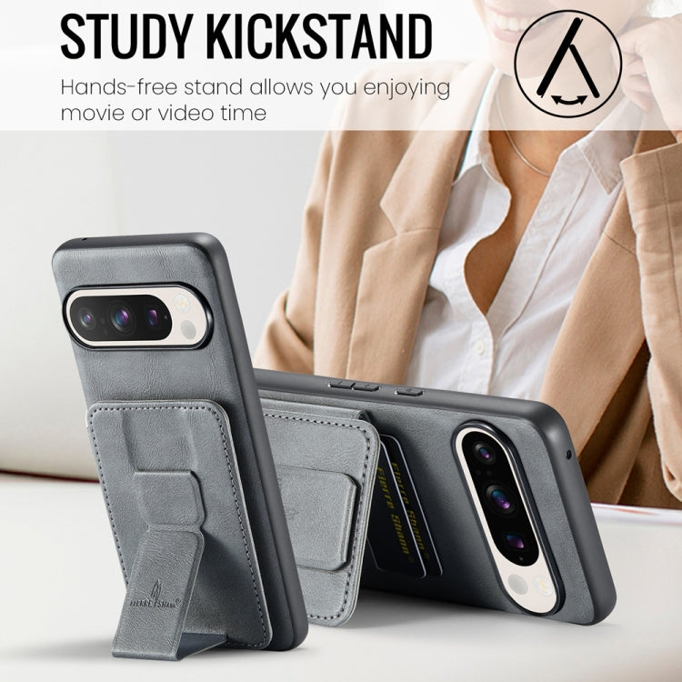 For Google Pixel 9 / 9 Pro Fierre Shann Oil Wax Cow Leather Card Holder Back Phone Case(Grey) - Google Cases by FIERRE SHANN | Online Shopping South Africa | PMC TechLife | Buy Now Pay Later Mobicred