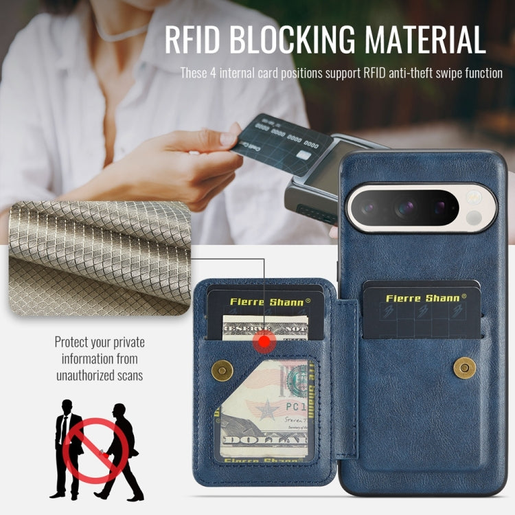 For Google Pixel 9 / 9 Pro Fierre Shann Oil Wax Cow Leather Card Holder Back Phone Case(Blue) - free shipping - PMC TechLife - Order now!