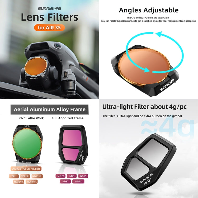 For DJI Air 3S Sunnylife Camera Lens Filter, Filter:4 in 1 UV CPL ND32 ND64 - free shipping - PMC TechLife - Order now!