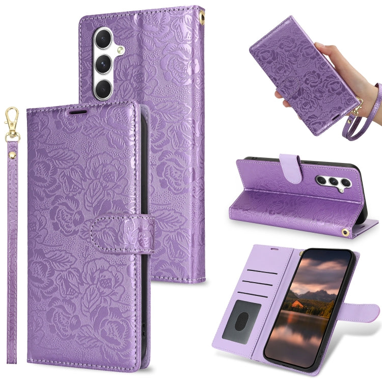 For Samsung Galaxy S25 5G Peony Flowers Imprint Leather Phone Case(Purple) - Galaxy S25 5G Cases by PMC Jewellery | Online Shopping South Africa | PMC Jewellery | Buy Now Pay Later Mobicred