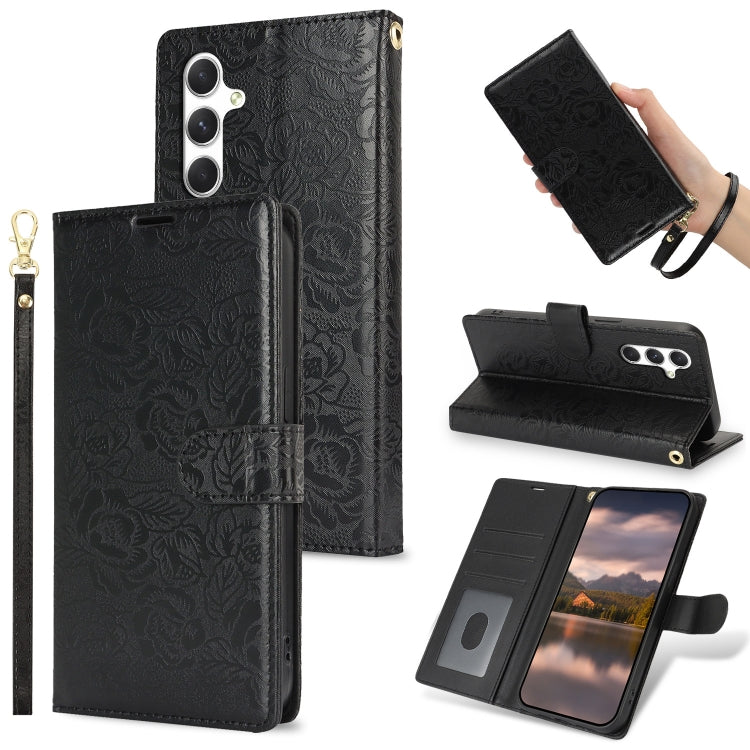 For Samsung Galaxy S25+ 5G Peony Flowers Imprint Leather Phone Case(Black) - free shipping - PMC Jewellery - Order now!