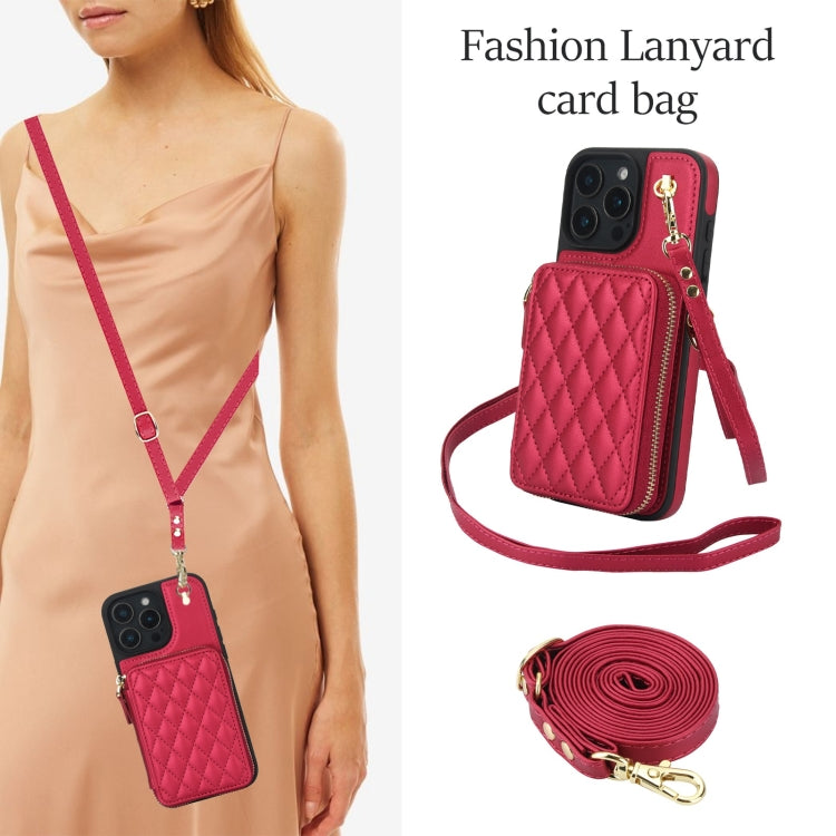 For iPhone 16 Pro Max AwQuer Crossbody Zipper Wallet Rhombic Leather Back Phone Case(Red) - free shipping - PMC Jewellery - Order now!
