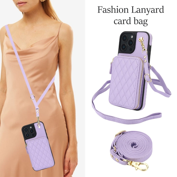 For iPhone 16 Pro Max AwQuer Crossbody Zipper Wallet Rhombic Leather Back Phone Case(Purple) - free shipping - PMC Jewellery - Order now!