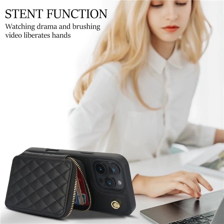 For iPhone 16 Pro AwQuer Crossbody Zipper Wallet Rhombic Leather Back Phone Case(Black) - free shipping - PMC Jewellery - Order now!