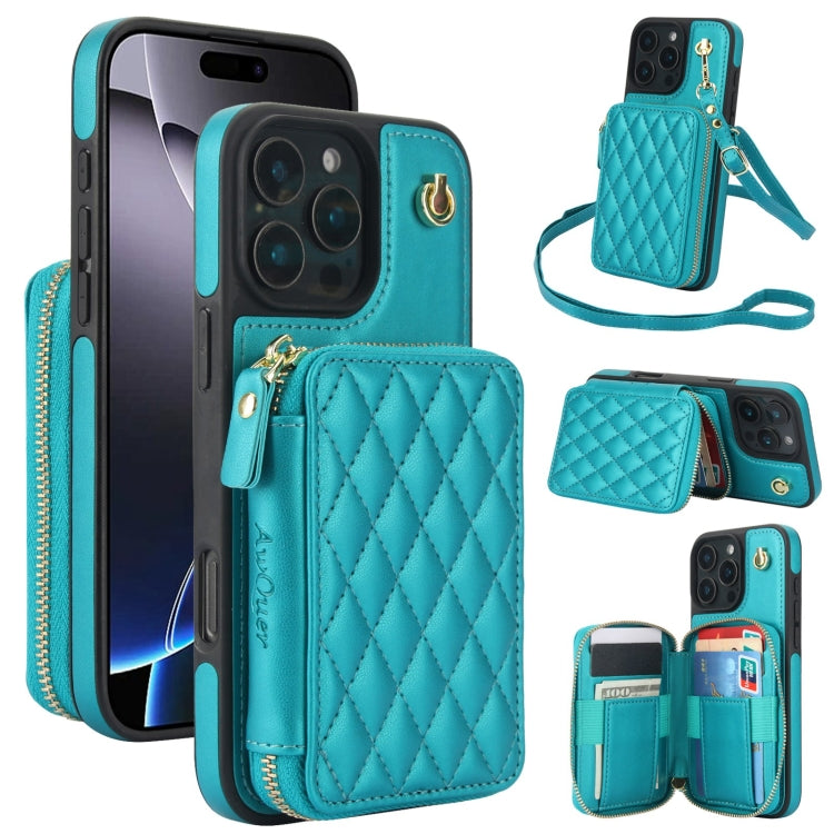 For iPhone 16 Pro AwQuer Crossbody Zipper Wallet Rhombic Leather Back Phone Case(Green) - free shipping - PMC Jewellery - Order now!